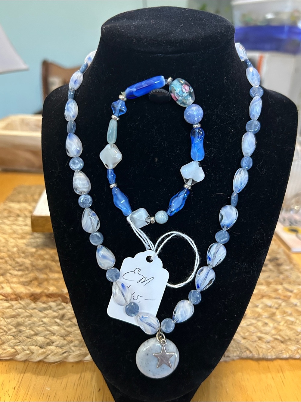 Blue and White Glass Beaded Necklace and Bracelet Set